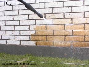 Rinsing brick with pressure washer.